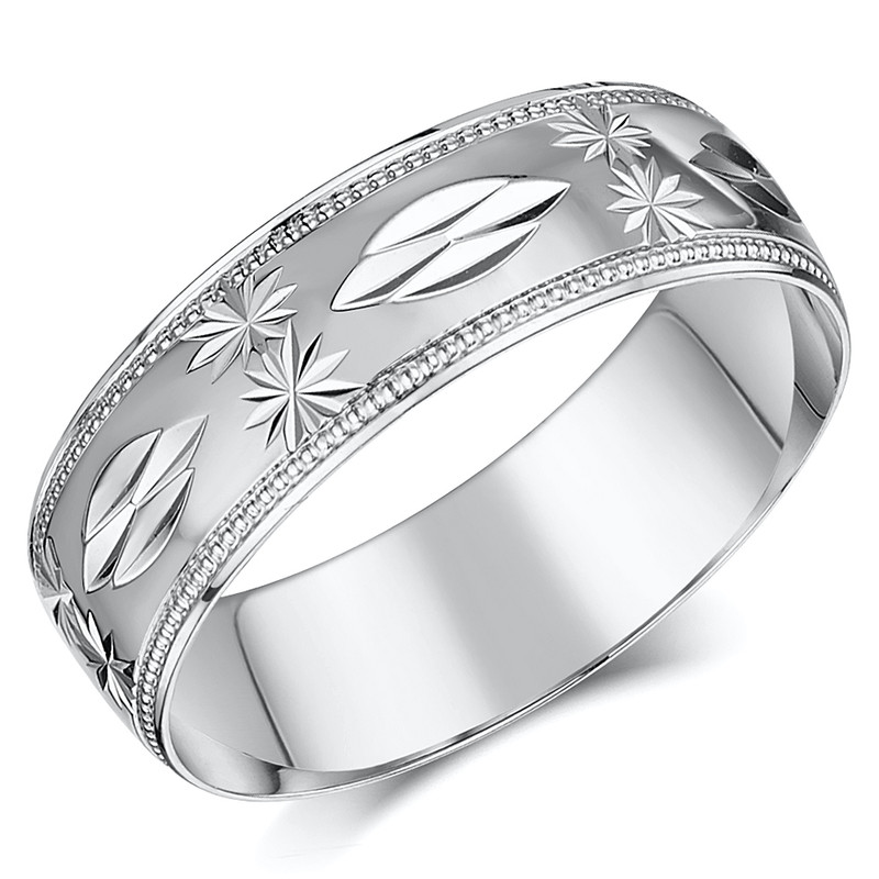 18ct White Gold Star Design Wedding Ring