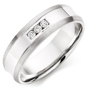 6mm 9ct White Gold Flat Court Matt Sides and Polished Grooved center 0.1ct Diamond Wedding Ring