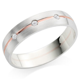 5mm 9ct White Gold with Rose Gold Groove Court 0.06ct Diamond Wedding Ring